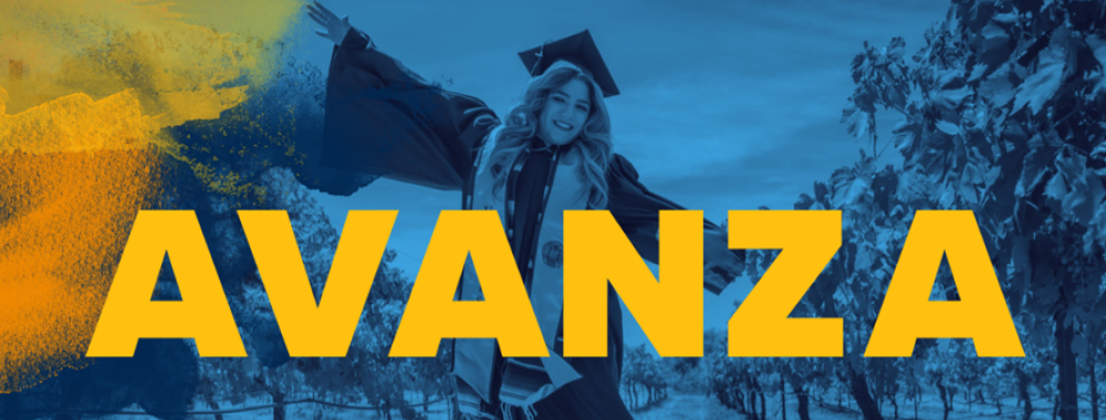Duotoned blue image of a female student in graduation cap and gown leaping in the air in a vineyard with the word "Avanza" in yellow.