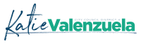 The logo is Katie in underlined blue script and Valenzuela in a teal green sans serif type