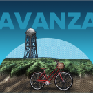 Bike and Water Tower illustration with the word "Avanza" behind them on a blue gradient background.