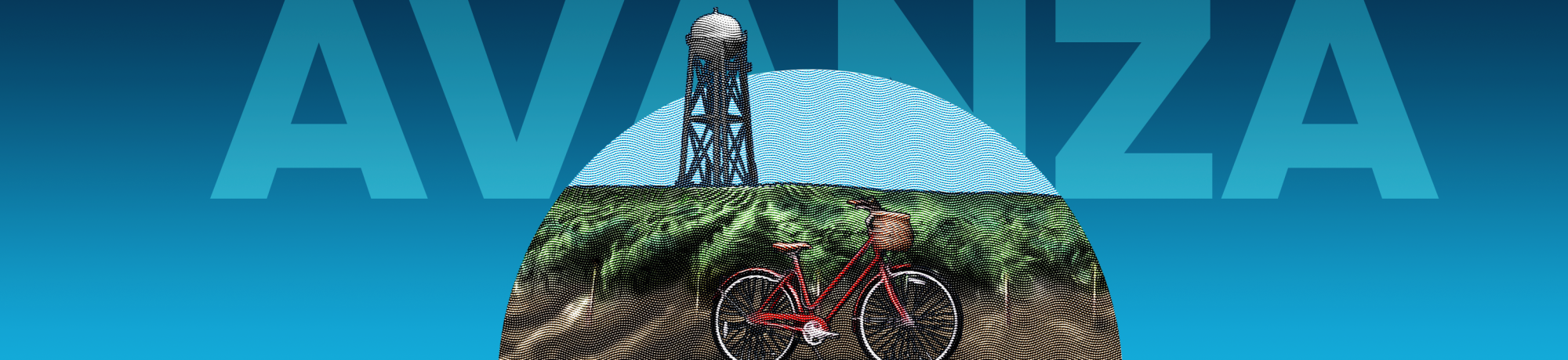 An illustration of a red bike parked in a vineyard with a water tower in the background